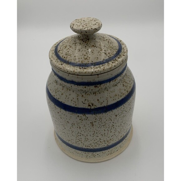Vintage Art Pottery flour Jar with Lid white and blue strapes with brown dots - Picture 3 of 9